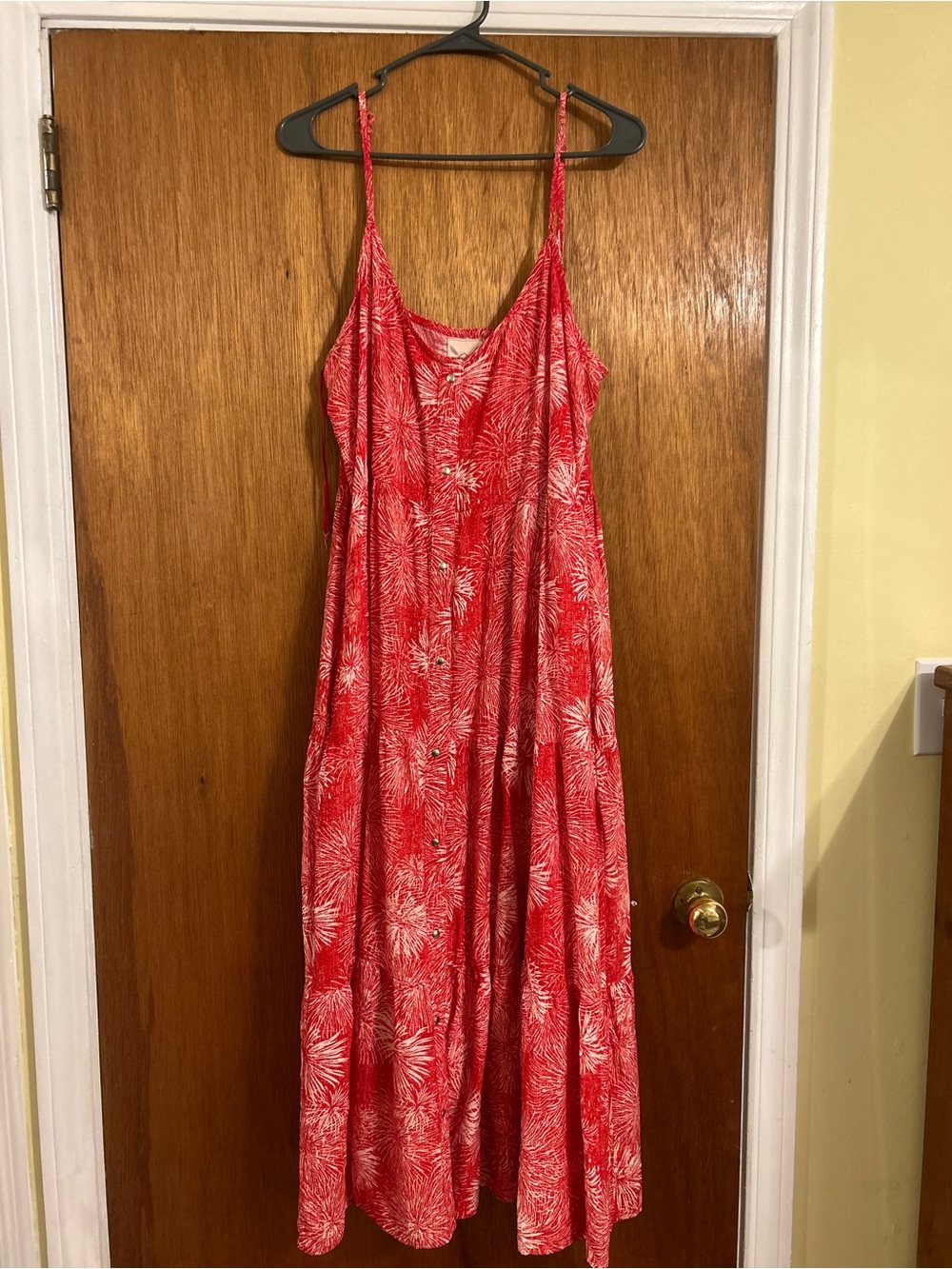 Red Floral Button-Front Maxi Dress with Spaghetti Straps